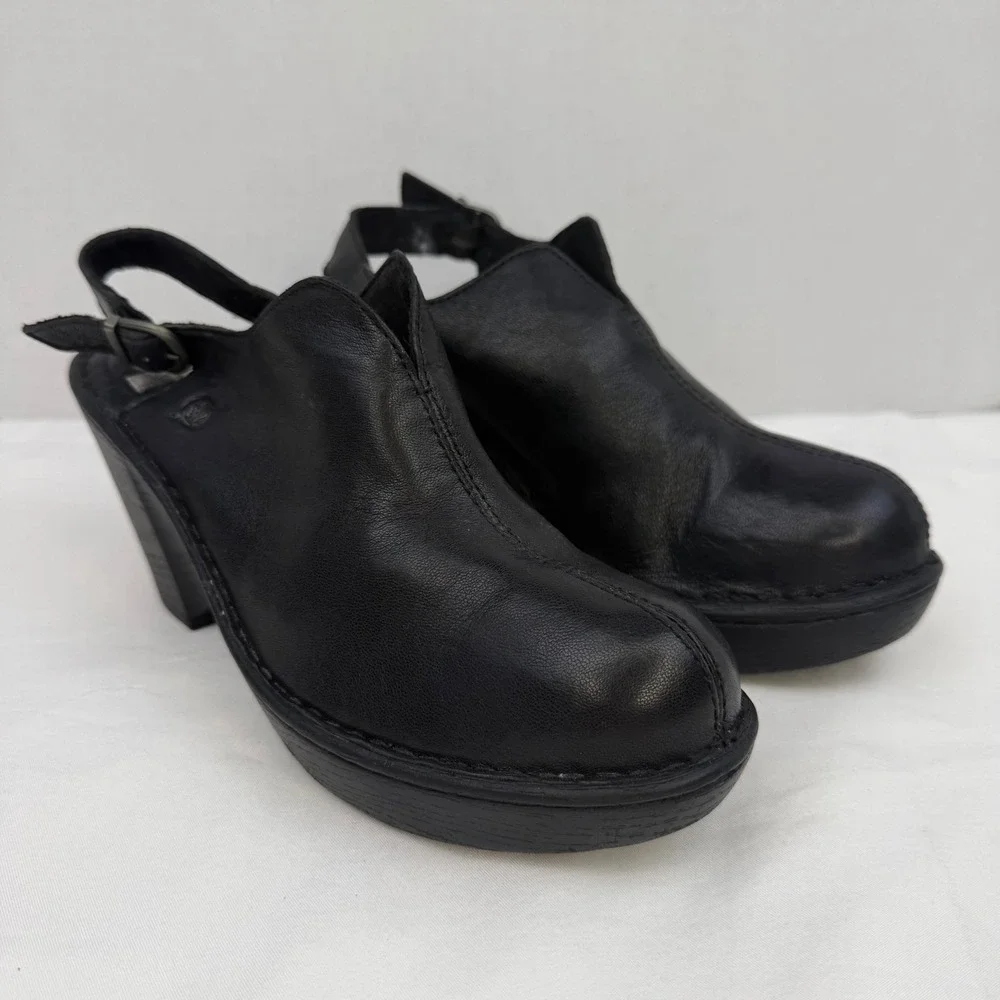 Born Black Leather Slingback Wedge Clogs D85503 Round Toe Platform Sandals 8M